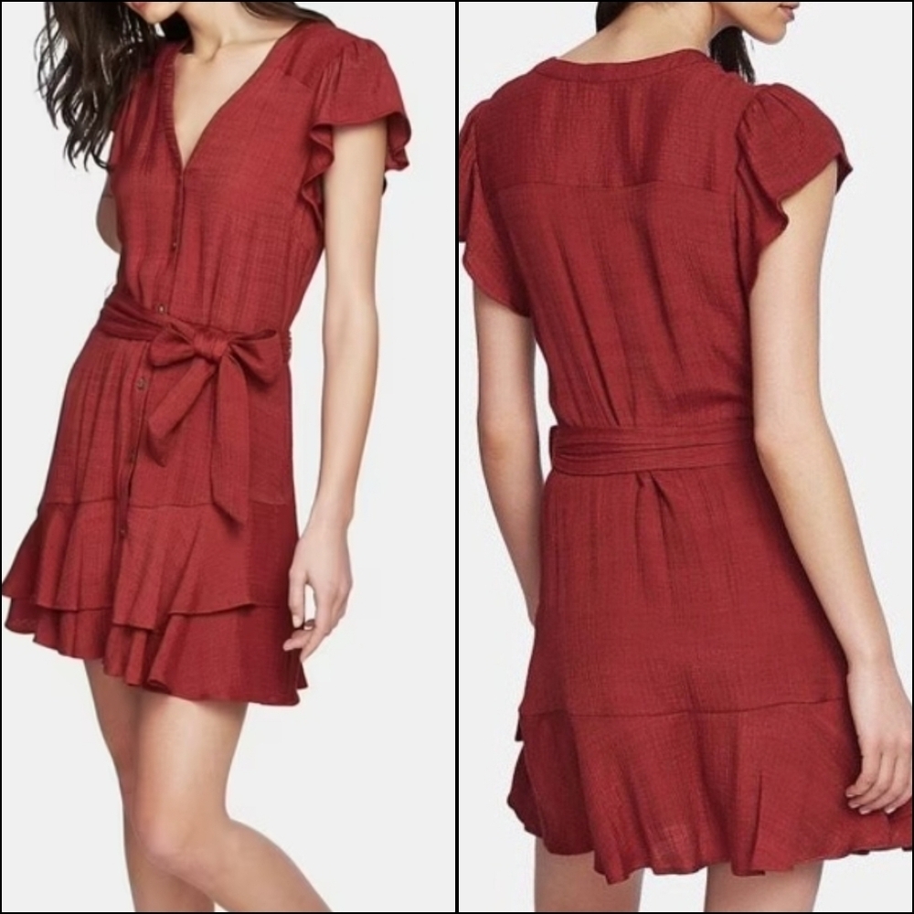 {24W} 1. State Mineral Red Faux Wrap Crepe Gauze Dress